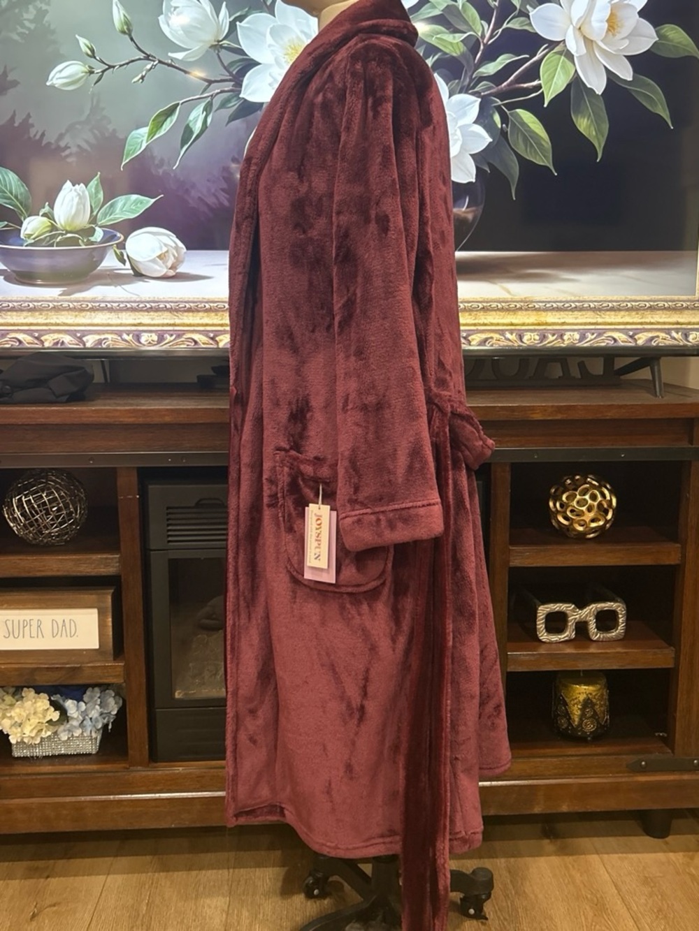Cozy Long Plush Robe in Burgundy - Shawl Collar Lounge Wrap - Picture 2 of 8